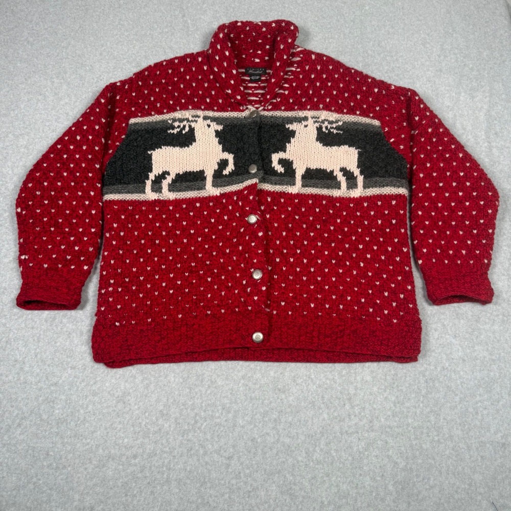 Vintage Limited Handknit Mens Red Wool Nordic Shawl Collar Cardigan Sweater L